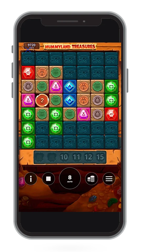 Mobiel screenshot van mummyland treasures tijdens een winnende spin.