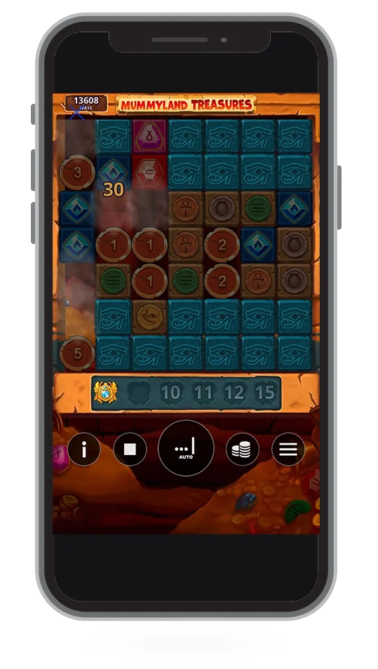 7x7 grid en multipliers zichtbaar in mummyland slot.